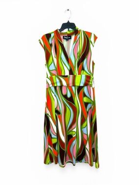 Lesley Evers Sleeveless Dress Bright Retro Swirl Midi Dress Medium